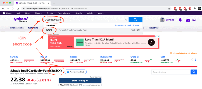 Yahoo! Finance online screenshot of mutual fund search by ISIN number
