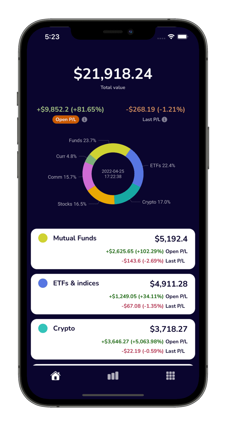 Investment portfolio tracking iPhone app - home view