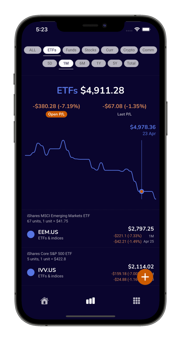 Investment portfolio tracking iPhone app - net worth growth view